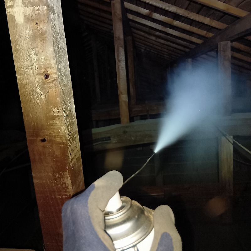 屋根裏に殺虫スプレーを散布