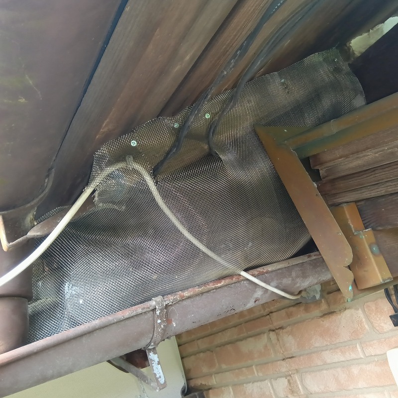 軒下の大きな開口部をネットで封鎖