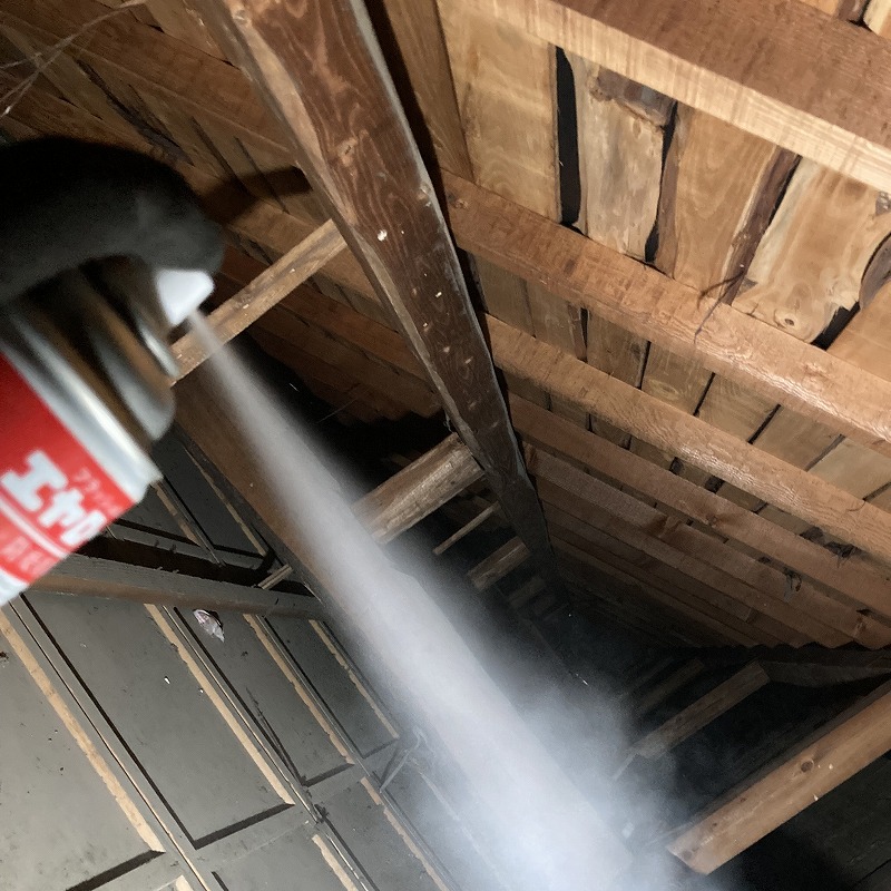 屋根裏に殺虫スプレーを散布