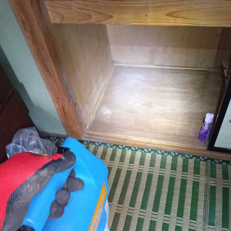 押し入れ内部に噴霧器で薬剤を散布