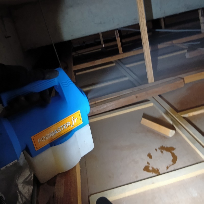 屋根裏全体に噴霧器で薬剤を散布