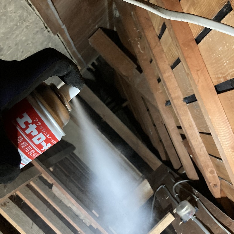 屋根裏に殺虫スプレーを散布