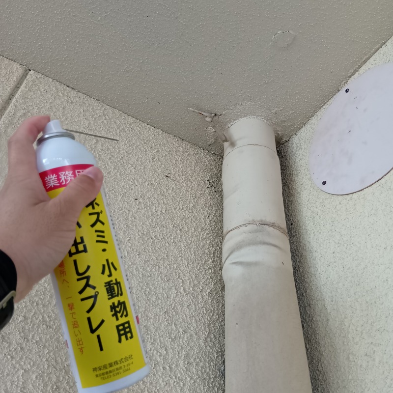 外壁に忌避剤を散布する様子