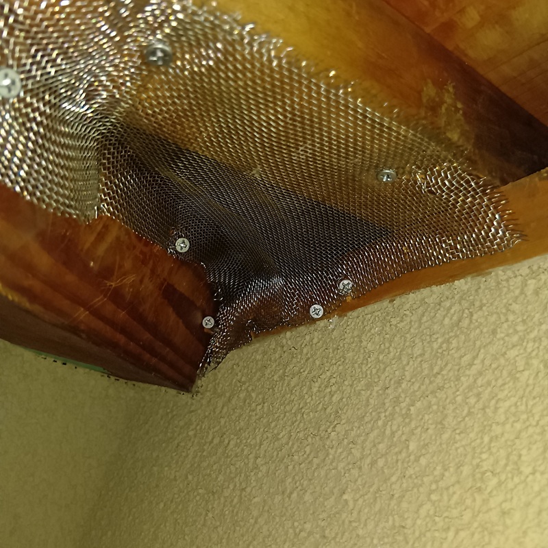 天井裏のすき間を網でふさいだ様子