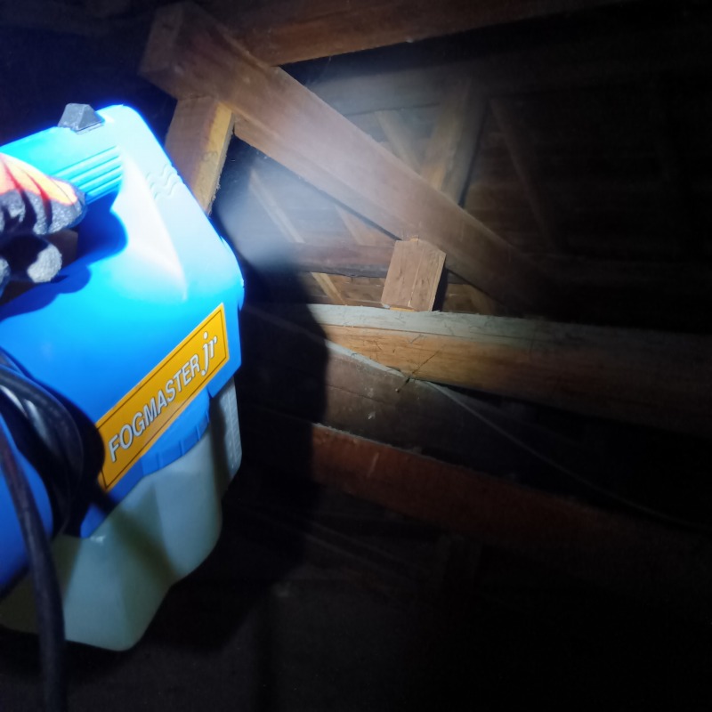 屋根裏に除菌・殺虫剤を散布する様子