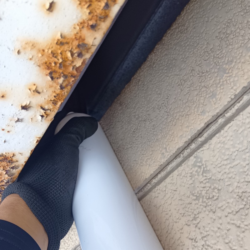 外壁のすき間に忌避剤を散布する様子