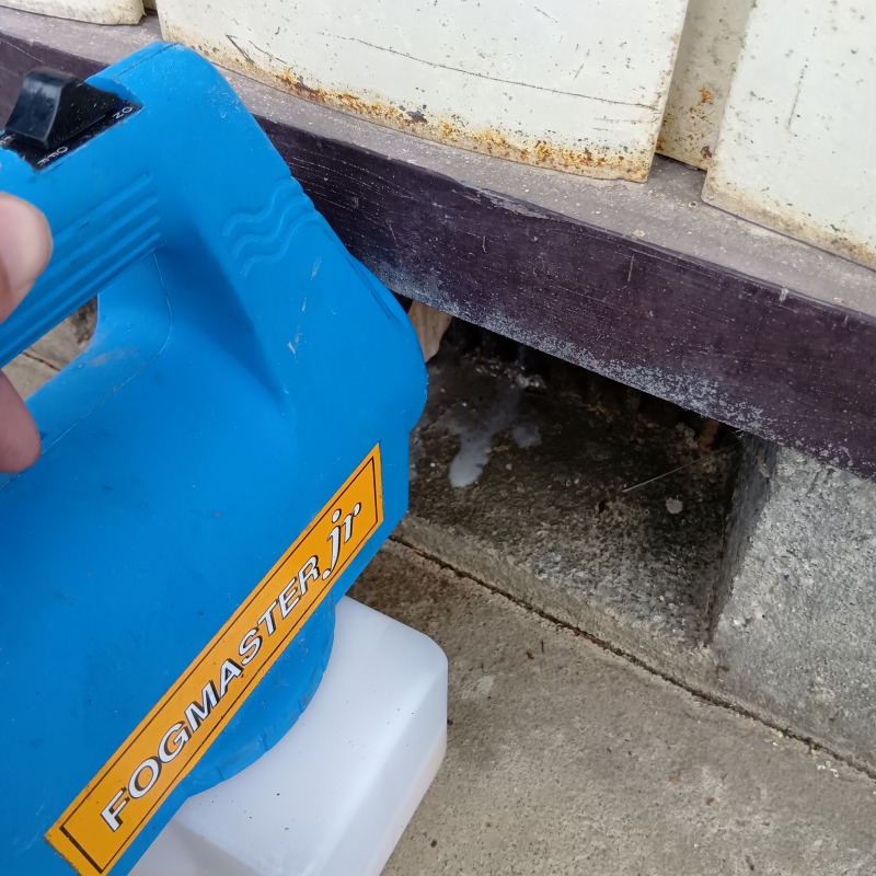 床下に除菌・殺虫剤を散布する様子