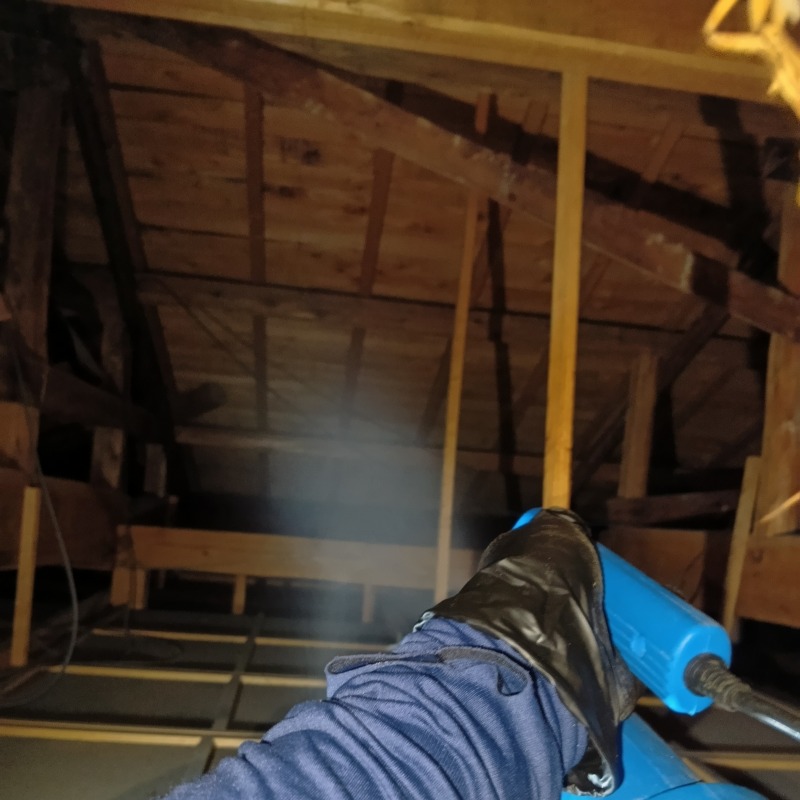 屋根裏に除菌・殺虫剤を散布する様子