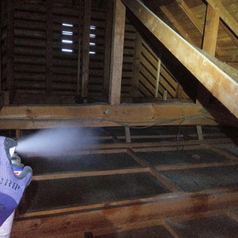 屋根裏に忌避剤を散布する様子