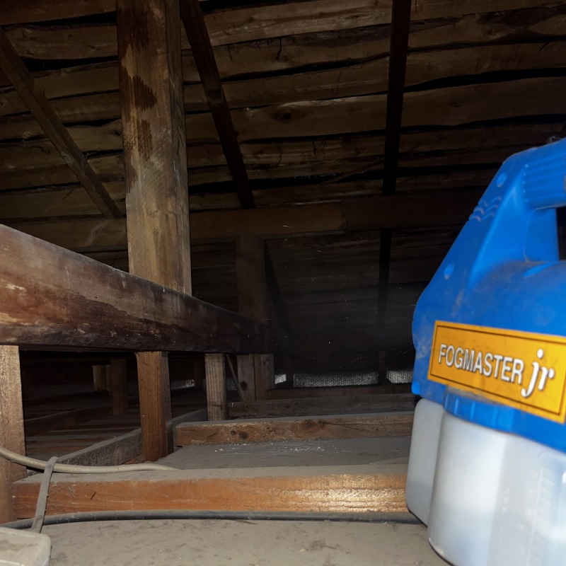 屋根裏に除菌・殺虫剤を散布する様子