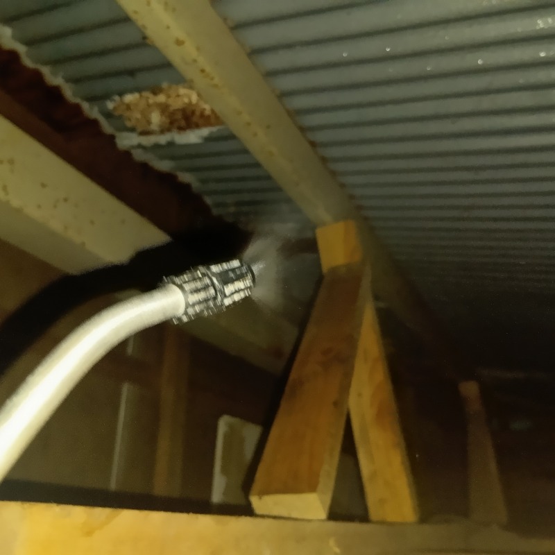 屋根裏に除菌・消臭剤を散布する様子