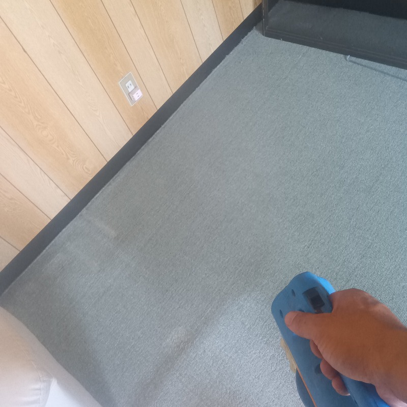 フンを清掃し除菌剤を噴霧する様子