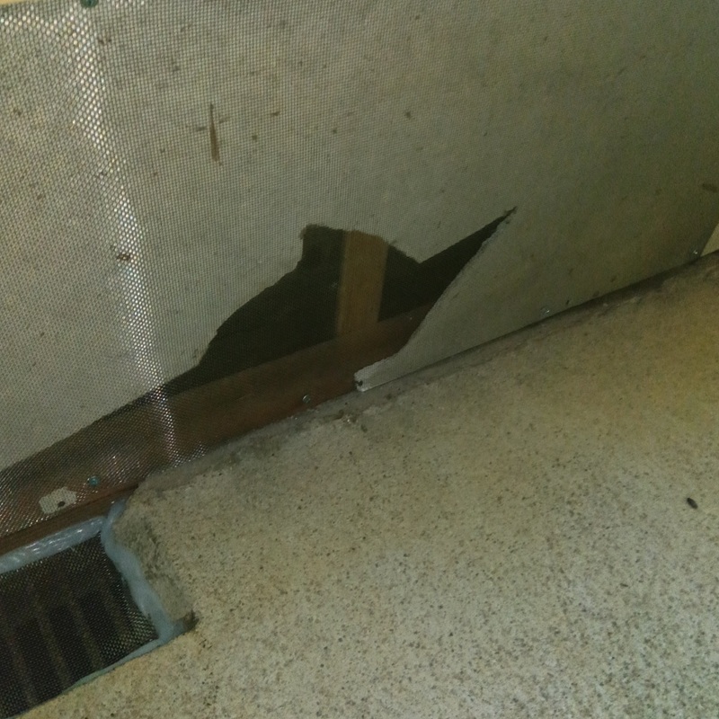 外壁と側溝に金網を設置した様子