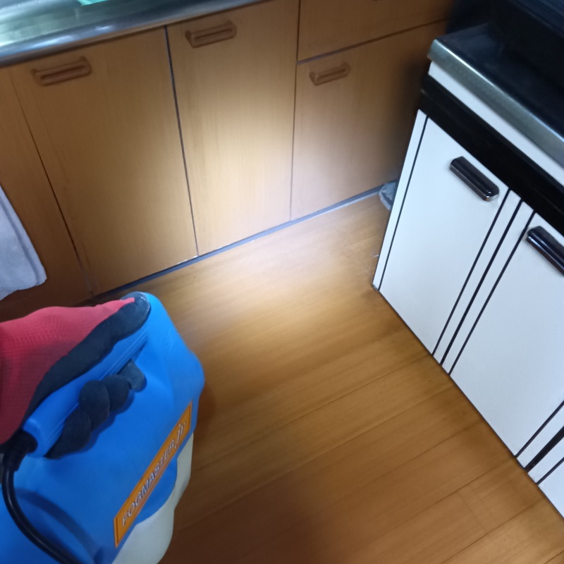 キッチンに除菌・消臭剤を散布する様子