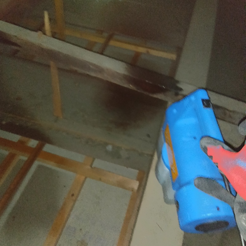 屋根裏に除菌・殺虫剤を散布する様子