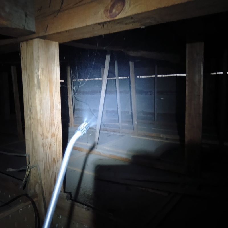 屋根裏に除菌・殺虫剤を散布する様子