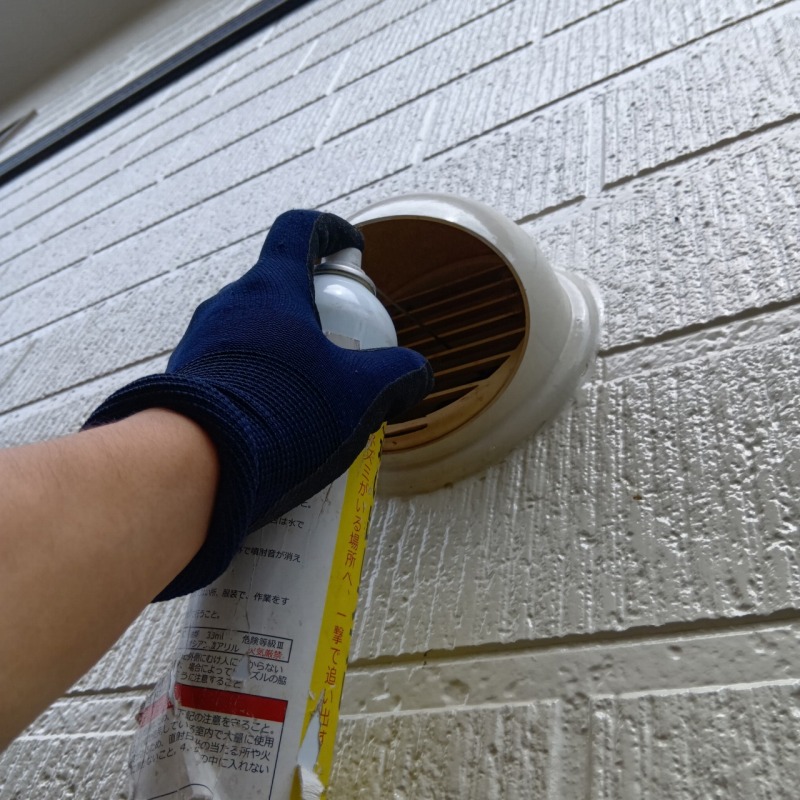 排気口に忌避剤を散布する様子