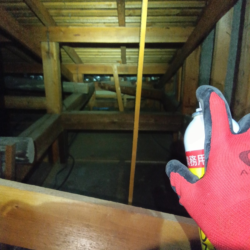 屋根裏に忌避剤を散布する様子