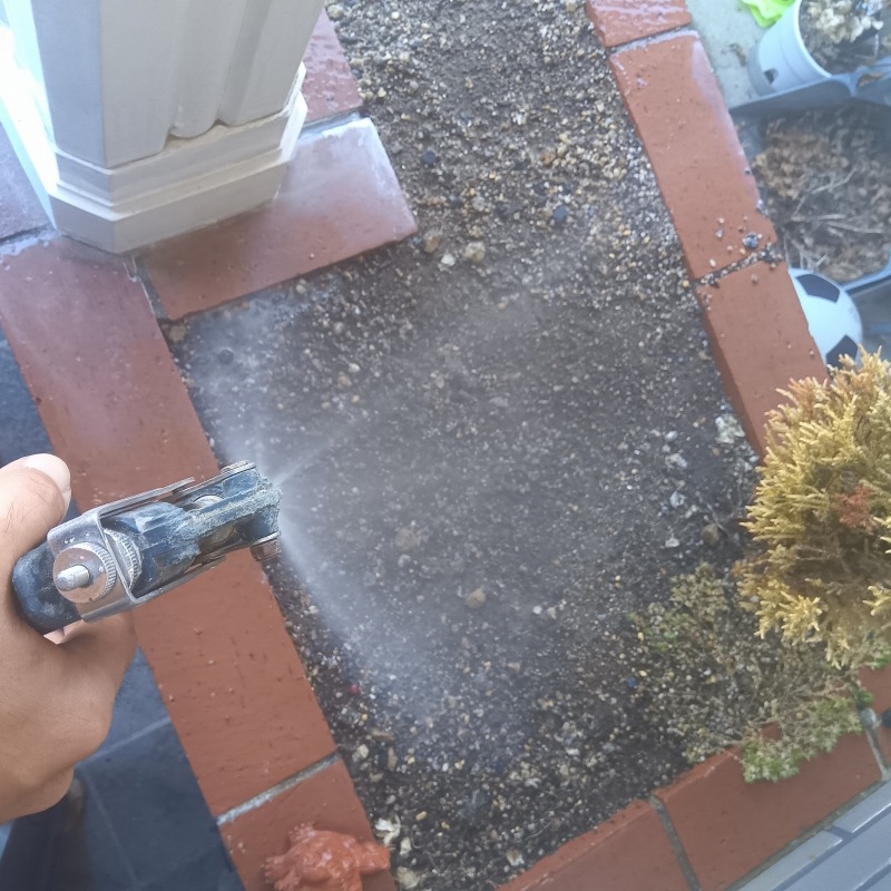 花壇の土壌にシロアリ駆除剤を散布