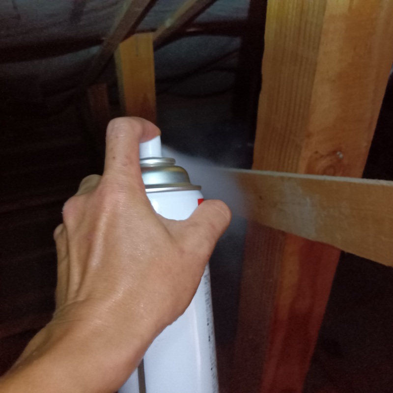 屋根裏に忌避剤を散布する様子