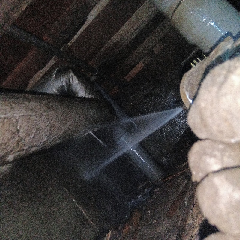 床下の土台や配管まわりに防蟻剤を散布