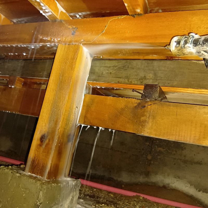 床下の木材にシロアリ駆除剤を散布