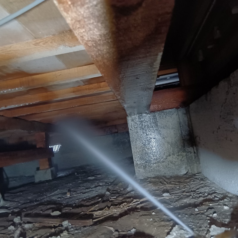 床下の木材にシロアリ駆除剤を散布