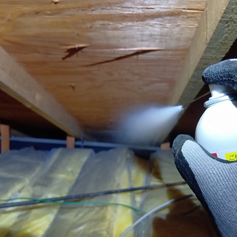 天井裏に忌避剤を散布する様子