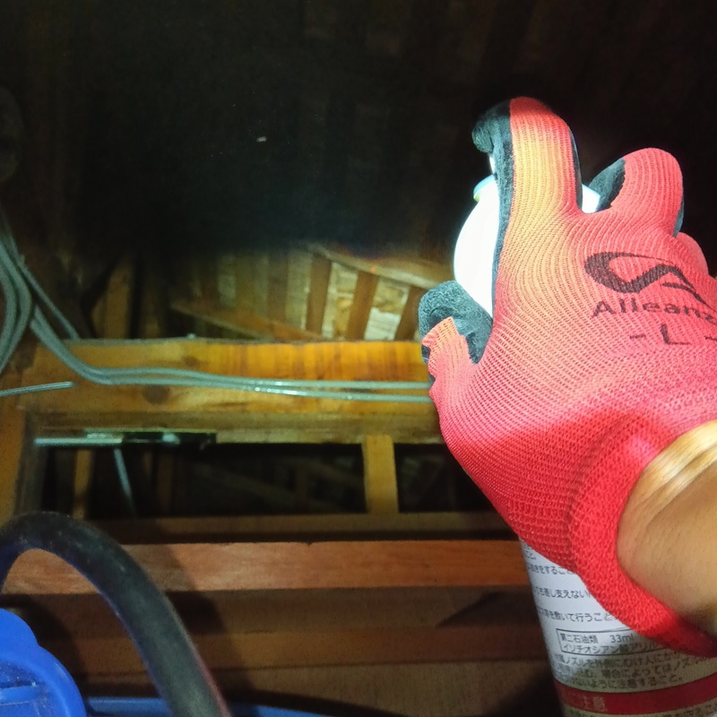 屋根裏に忌避剤を散布する様子