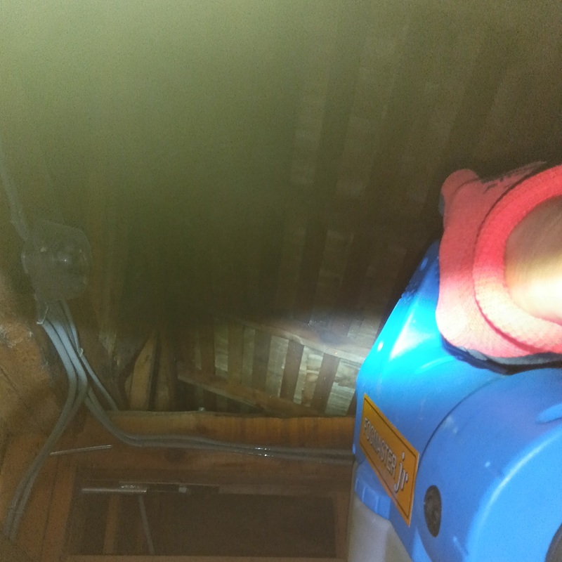 屋根裏に除菌・殺虫剤を散布する様子