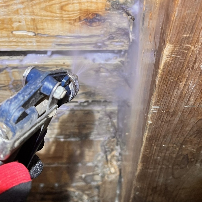 蟻道ができた木材にシロアリ駆除剤を散布