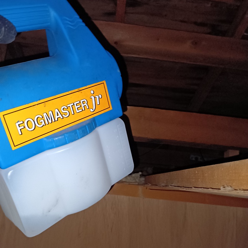 屋根裏に殺虫剤を散布