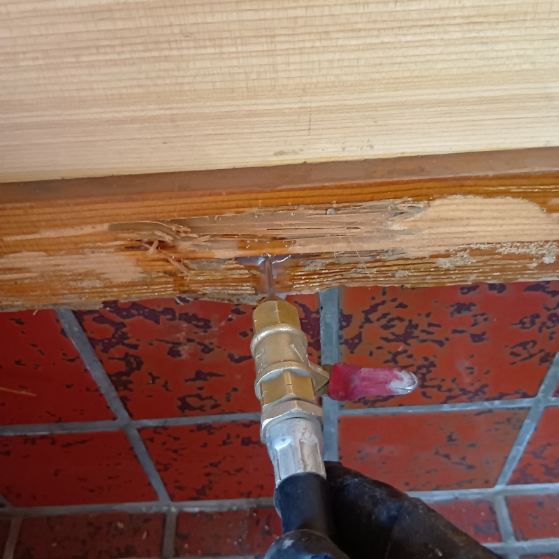 床下の木材にシロアリ駆除剤を散布する様子