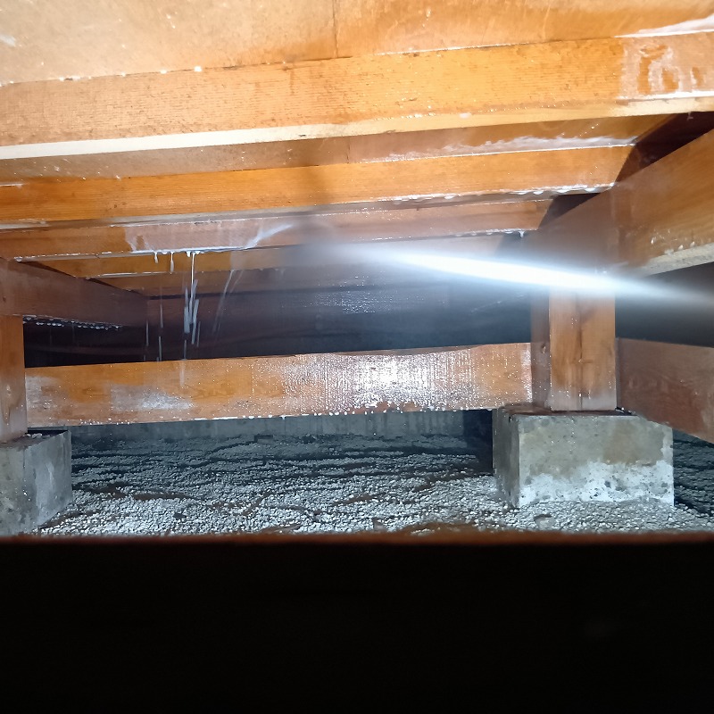 床下の木材にシロアリ駆除剤を散布する様子