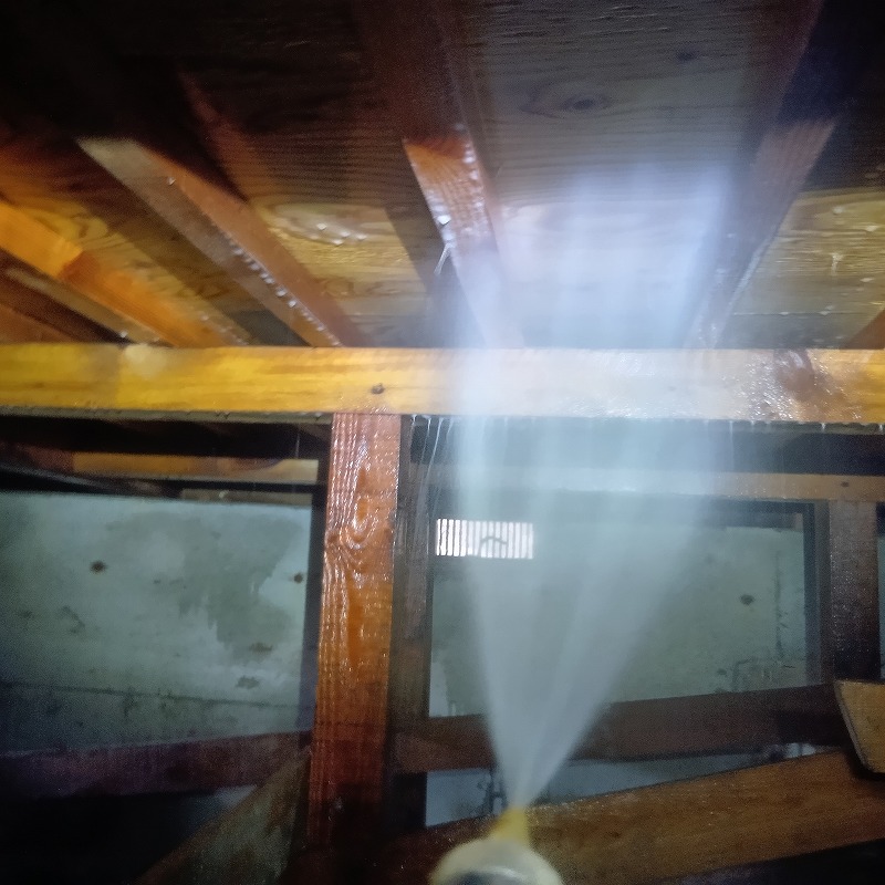 床下の木材にシロアリ駆除剤を散布する様子