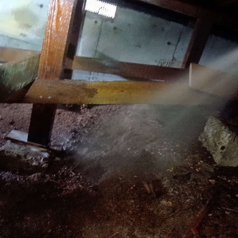 床下の土壌にシロアリ駆除剤を散布する様子