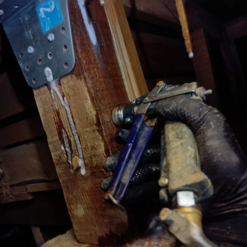 床下の木材にシロアリ駆除剤を注入する様子