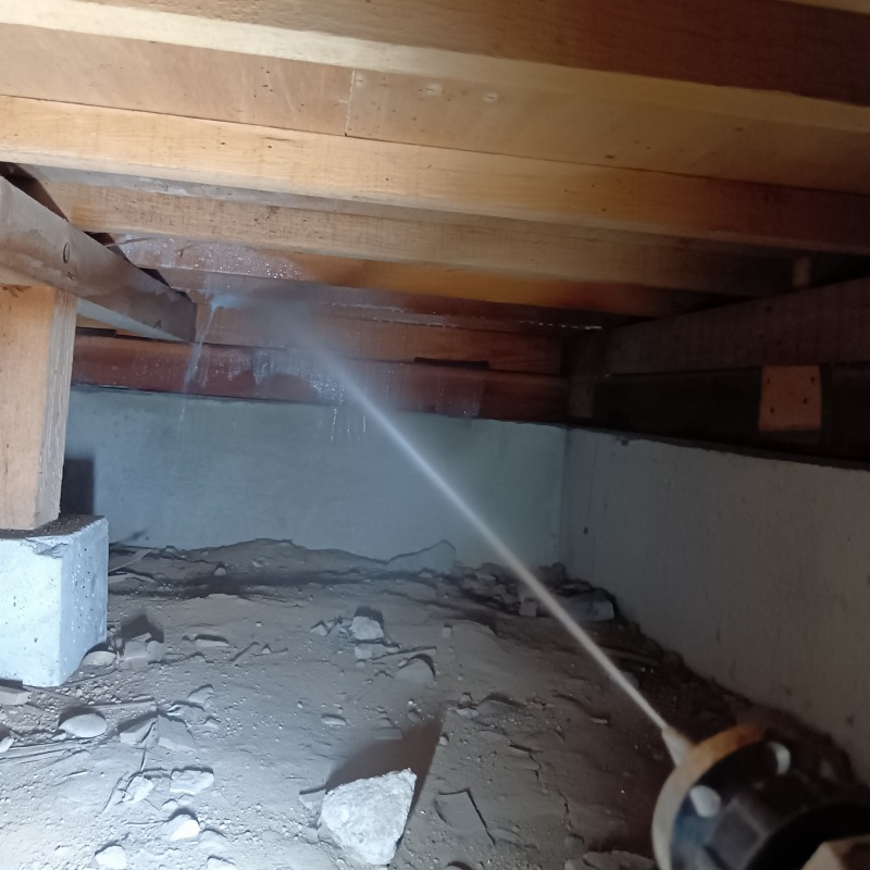 床下木部にシロアリ駆除剤を散布する様子
