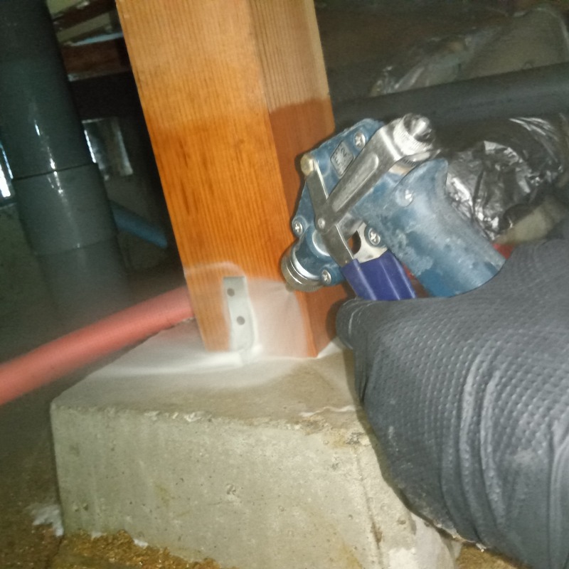 床下の木部に防蟻剤を吹き付け