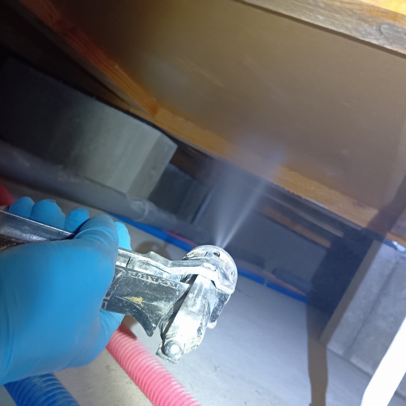 床下の木材に防蟻剤を散布する様子