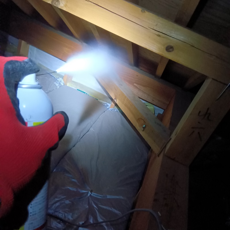 天井裏に忌避剤を散布している様子