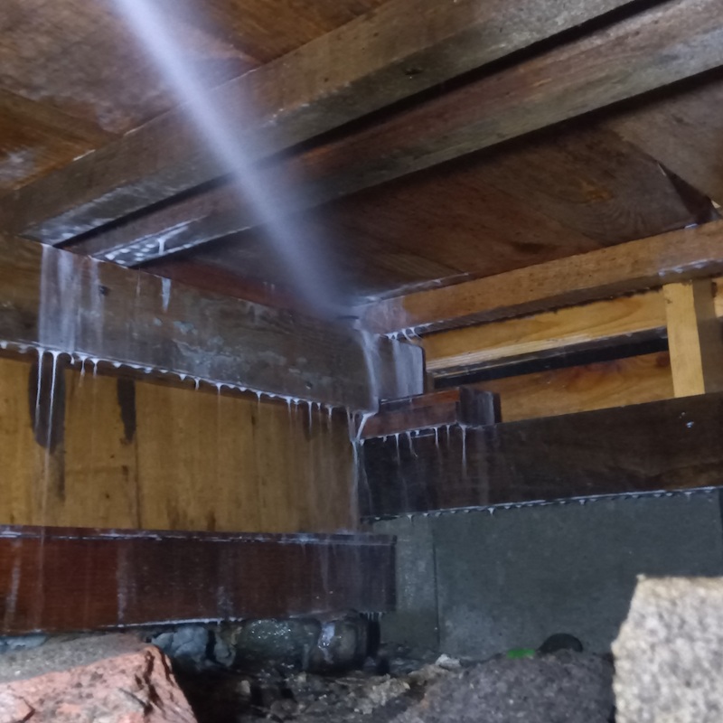 床下木部に防蟻剤を散布する様子