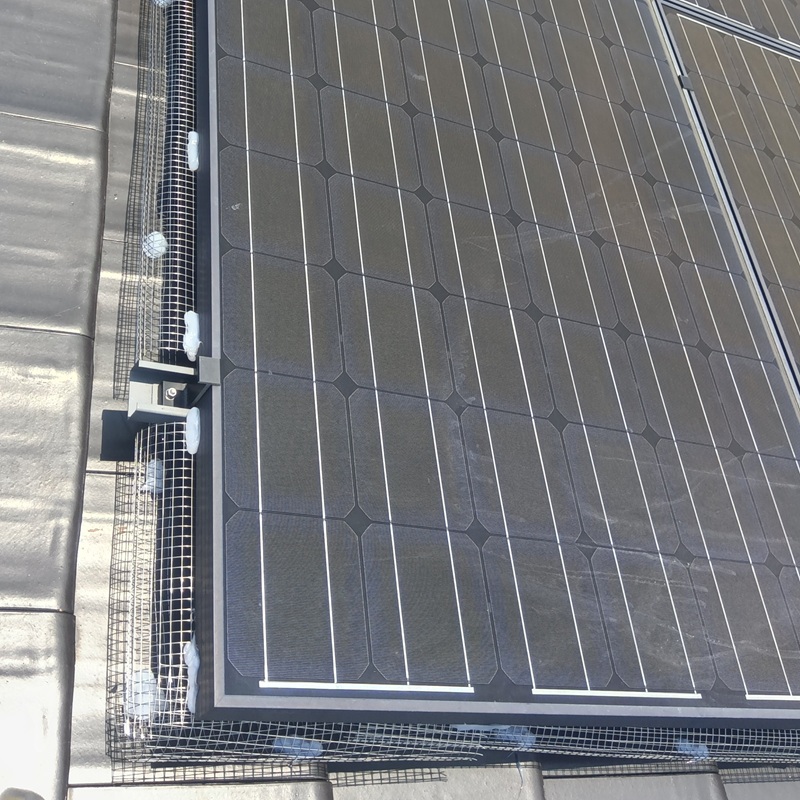 太陽光パネル周りに防鳥金網を設置した様子