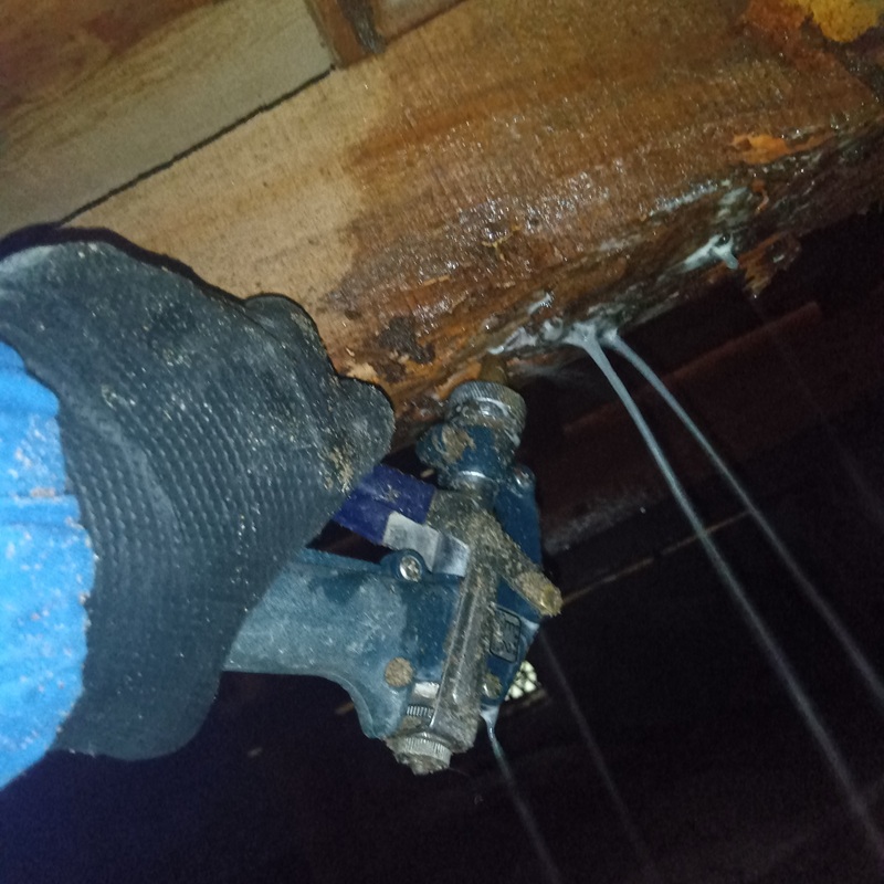 床下の木部に駆除剤を吹き付ける様子