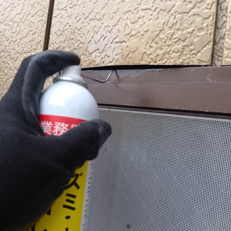外壁のすき間に忌避剤を注入する様子
