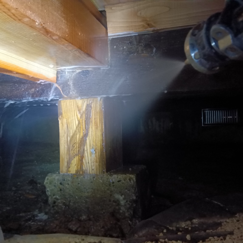 床下の木部に防蟻剤を散布している様子