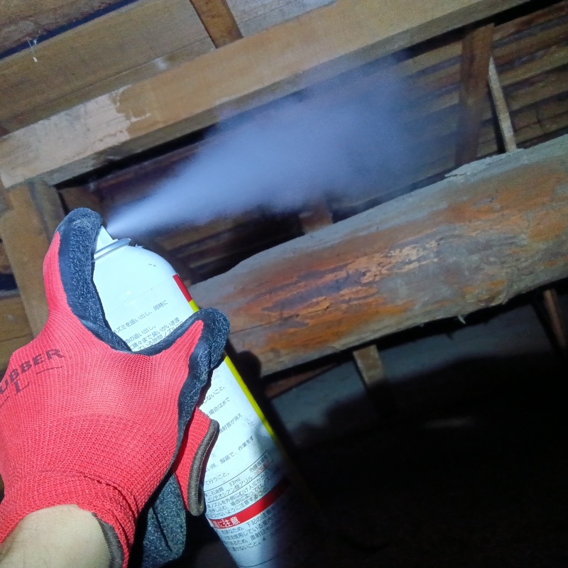 屋根裏に忌避スプレーを散布