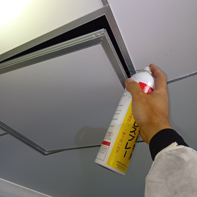 点検口から天井裏に忌避スプレーを散布