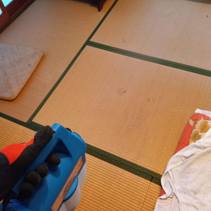 和室に噴霧器で薬剤を散布