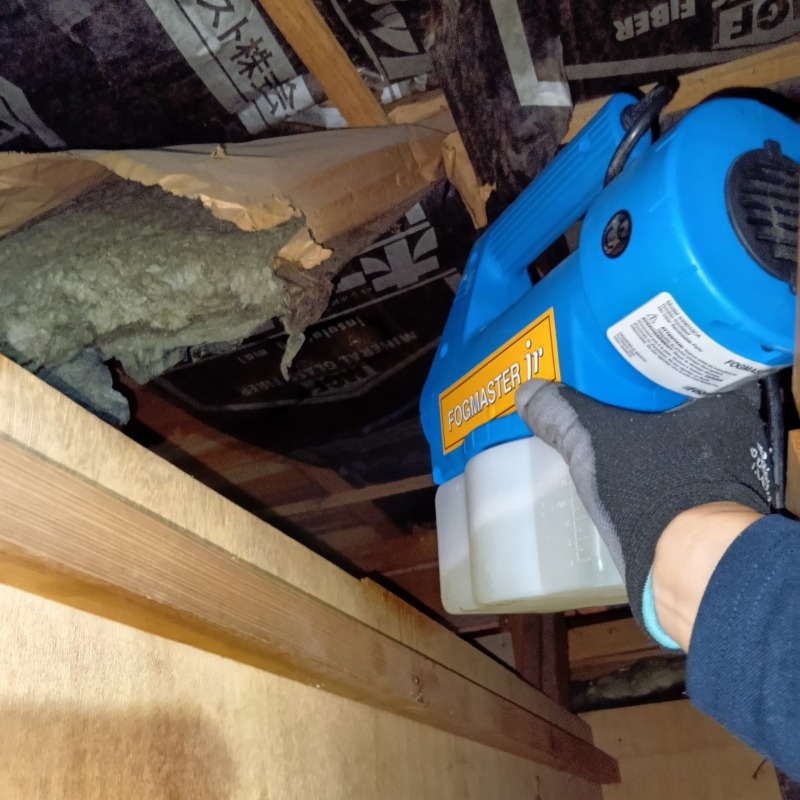 屋根裏に除菌剤を散布